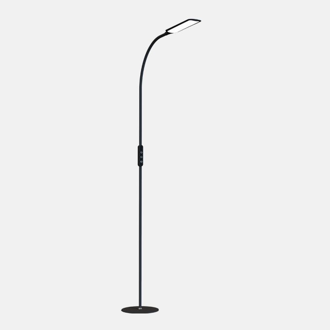 Black LED Lumina floor lamp with five brightness levels, color temperature control, and flexible gooseneck