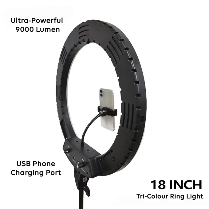 18inch tri-color LED ring light with 9000 lumens brightness, USB phone charging port, phone holder and adjustable lighting modes.