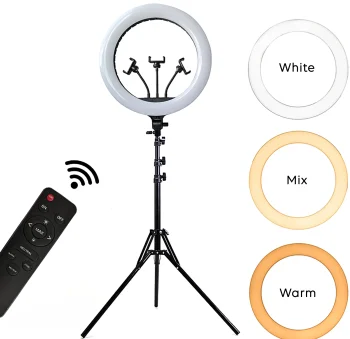 LED ring light featuring adjustable warm, cool, and daylight modes (3200K-5800K) with dimmable brightness