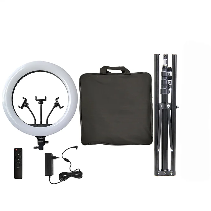 18-inch LED ring light with a remote control, three phone holders, adjustable tripod and carry bag